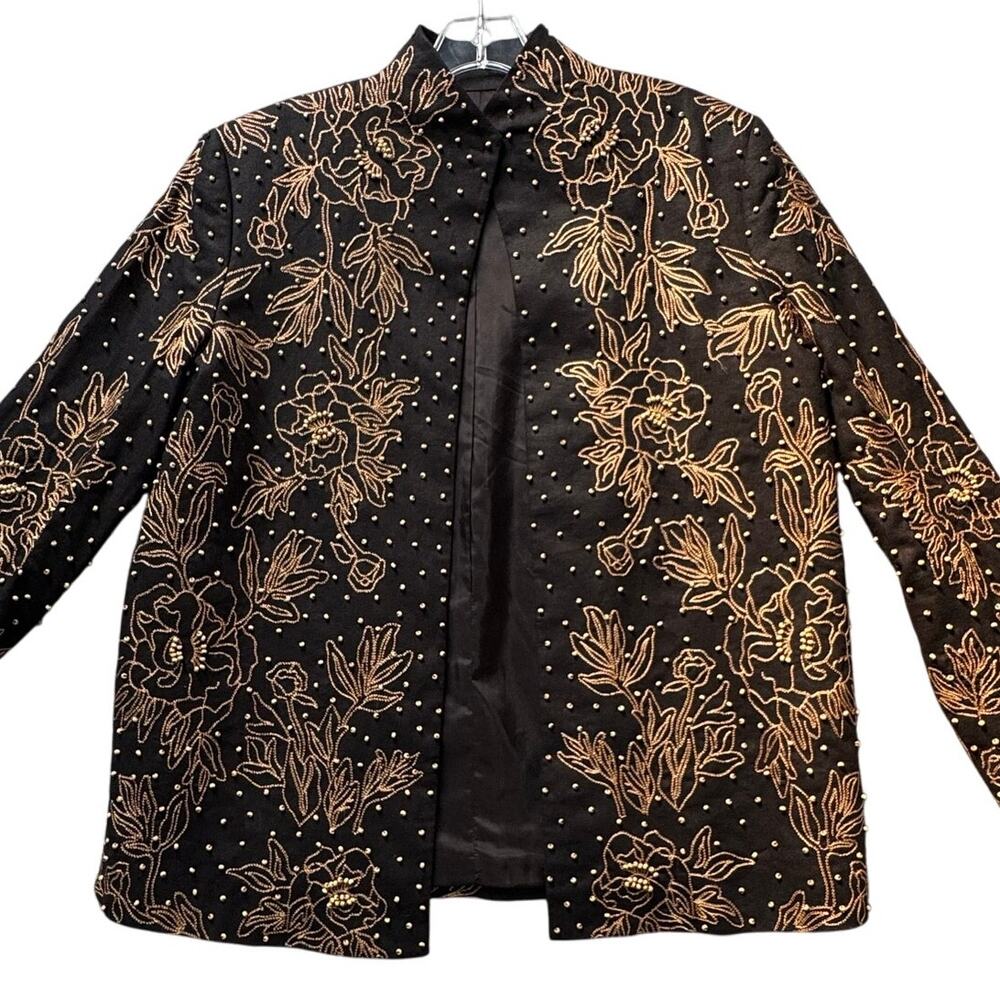 Draper's & Damon's Open Front Linen Blend Beaded Jacket Women 12 Black Brown